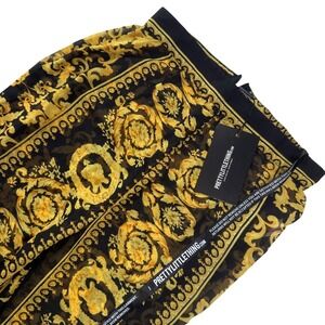 PrettyLittleThing Gold Baroque Print Mesh Wide Leg Trousers Black Sheer Pants 4